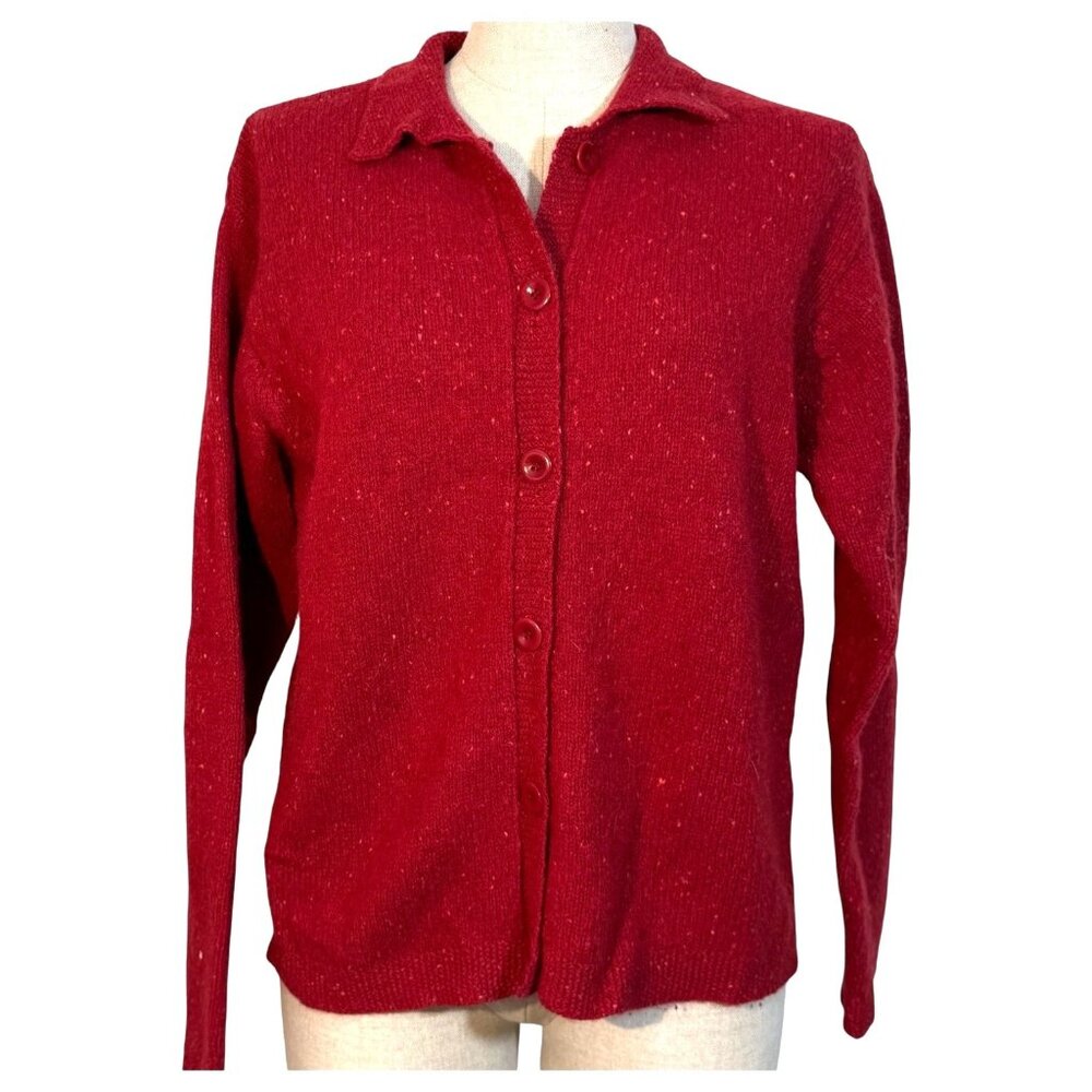 L.L. Bean Cardigan Womens Size Medium Lambswool Blend Red Button-Up Sweater Vint - Picture 2 of 8